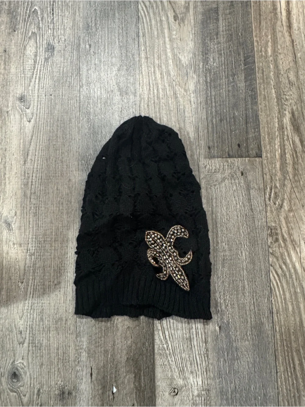 Black Knit Beanie with Rhinestone Fleur-de-Lis Accent